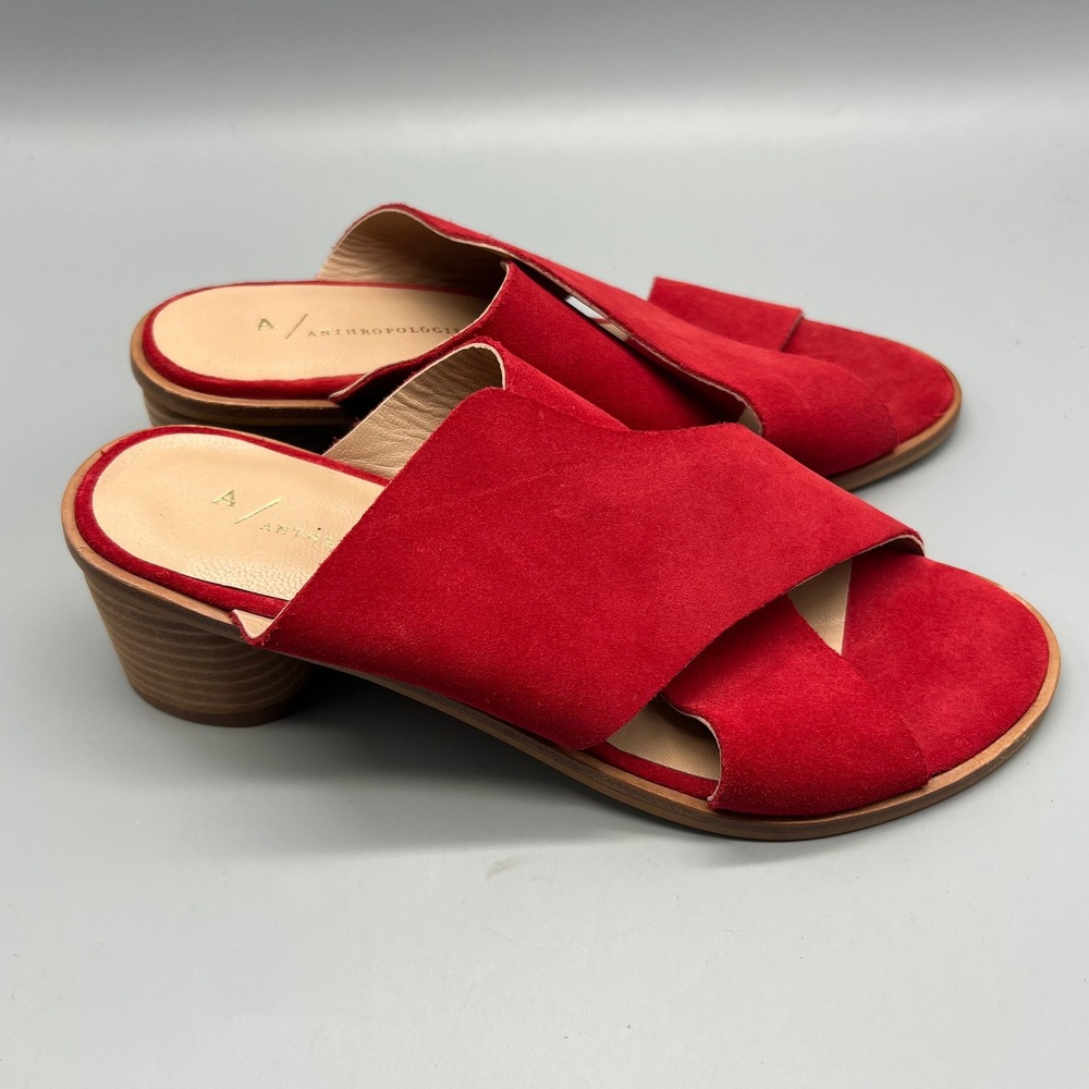 Anthropologie Red Suede Crossover Block Heel Slide Sandals Mules Womens Size 38 - Picture 3 of 6